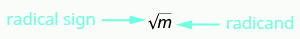 Se muestra una imagen de una m dentro de un letrero de raíz cuadrada. El signo se etiqueta como un signo radical y la m se etiqueta como el radicando.