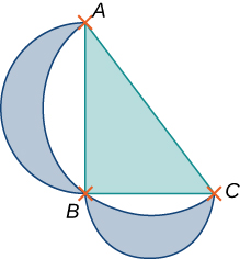 A right triangle with points A, B, and C. Point B has the right angle. There are two lunes drawn from A to B and from B to C with outer diameters AB and AC, respectively, and with the inner boundaries formed by the circumcircle of the triangle ABC.