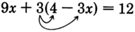 On left side of an equation, arrows show that three is multiplied with each term inside the parentheses.