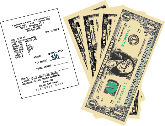 La figura muestra una copia de cliente de un recibo de restaurante con el monto de la factura, $80, y el monto de la propina, $16. Hay un grupo de facturas por un total de 16 dólares.