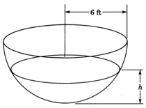 A water tank in the shape of a hemisphere with a radius of six feet. The depth of the water in the tank is labeled as h.