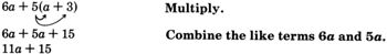 Simplificando la expresión seis a más el producto de cinco y el binomio a más tres, usando la propiedad distributiva, y combinando términos similares. Consulte el longdesc para una descripción completa.