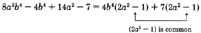La ecuación ocho a cuadrado b a la cuarta potencia menos cuatro b a la cuarta potencia más catorce a al cuadrado menos siete equivale a la suma del producto de cuatro b a la cuarta potencia y dos a cuadrado menos uno, y el producto de siete y dos un cuadrado menos 1. Los dos términos del lado derecho tienen dos un cuadrado menos uno en común.
