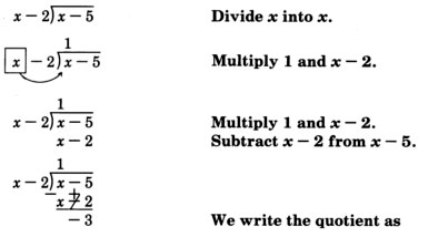 Long division showing x minus two dividing x minus five with the comment 'Divide x into x' on the right side. This division is not performed completely. See the longdesc for a full description.