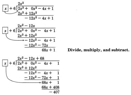 Steps of long division showing the quantity x plus six dividing the quantity two x cubed plus zero x squared minus four x minus plus one. See the longdesc for a full description