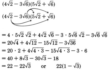 Finding the product of the binomial four times the square root of two minus three times the square root of six and the binomial five times the square root of two plus the square root of six, using the rule for multiplying square root expressions. See the longdesc for a full description.