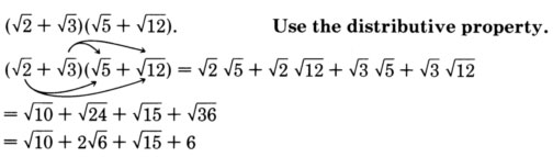 Encontrar el producto del binomio la raíz cuadrada de dos más la raíz cuadrada de tres y el binomio la raíz cuadrada de cinco más la raíz cuadrada de doce, utilizando la regla para multiplicar expresiones de raíz cuadrada. Consulte el longdesc para una descripción completa.