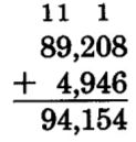 89,208 + 4,946 = 94,154. Por encima de las decenas, miles y diez mil columnas se llevan unas.