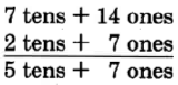 Vertical subtraction. 7 tens + 14 ones, over 2 tens + 7 ones = 5 tens + 7 ones.