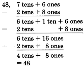La solución es 48. El problema de la resta se puede ampliar a la cantidad 7 decenas + 6 unas, menos la cantidad 2 decenas + 8 unas. 7 decenas + 6 unas se pueden expandir para ser 6 decenas + 1 diez + 6 unas, o 6 decenas + 16 unas. La suma se convierte en 4 decenas + 8 unas, o 48.