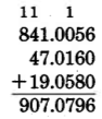 Adición vertical. 841.0056 más 47.0160 más 19.0580 equivale a 907.0796. Un 1 necesitaba ser llevado en las centésimas, las decenas y las centenas columnas.