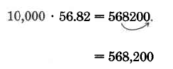 10,000 veces 56.82 equivale a 568200. Una flecha muestra como el decimal en 56.82 se mueve cuatro dígitos a la derecha para hacer 568,200.