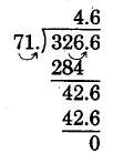División larga. 32.66 dividido por 7.1. Mueve el decimal a la derecha para ambos números, haciendo 326.6 dividido por 71. 71 entra en 326 4 veces, con un resto de 42. Baje el 6. 71 entra en 426 6 veces, con un resto de cero. El cociente es 4.6