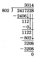 El tercer paso de un problema de división larga. 2417228 dividido por 802. 802 entra en 2417 aproximadamente 3 veces, con un resto de 11. Luego se baja el dígito de cientos de 2417228 para colindar con el 11. 802 entra en 112 0 veces, por lo que se coloca un cero arriba, y el siguiente dígito se baja. 802 entra en 1122 una vez, por lo que un 1 se coloca arriba y el dígito unos se baja. 802 entra en 3208 4 veces, dejando un resto de 0.