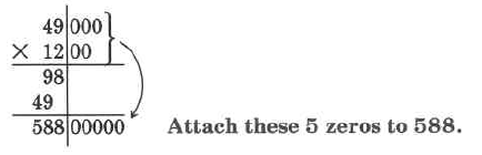 49000 veces 1200, con el 1200 alineado un espacio a la izquierda. Se dibuja una l&iacute;nea vertical para separar los ceros en ambos n&uacute;meros de los d&iacute;gitos distintos de cero. 98 es el primer producto parcial, y 49 es el segundo producto parcial. El producto final es 588, y los 5 ceros se unen luego al final del producto, haciendo un producto total de 58800000.