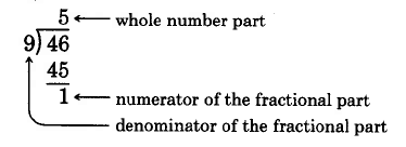 División larga. 46 dividido por 9 es 5, con un resto de 1. 5 es la parte del número entero, 1 es el numerador de la parte fraccionaria, y 9 es el denominador de la parte fraccionaria.