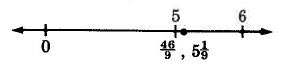 Una línea numérica con marcas para 0, 5 y 6. Entre 5 y 6 hay un punto que muestra la ubicación de cuarenta y seis novenas, o cinco y una novena.