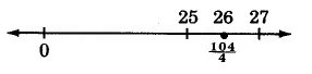 Una línea numérica con marcas para 0, 25, 26 y 27. 26 está marcada con un punto, mostrando la ubicación de ciento cuatro cuartos.