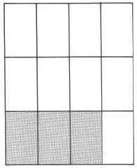 Un rectángulo dividido en doce partes en un patrón de cuatro filas y tres columnas. Tres de las partes están sombreadas.