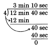 División larga. 12 min y 40 seg divididos por 4. 4 pasa a 12 minutos 3 veces, haciendo un cociente de 3 minutos sin resto. 4 va a 40 segundos 10 veces, haciendo un cociente de 10 segundos sin resto. El cociente total es de 3 min 10 seg.