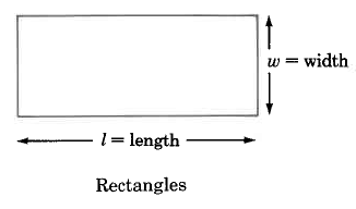 Rectangles, a four-sided polygon, have a width, w, in this case the vertical side, and a length, l, in this case the horizontal side.