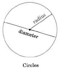 Círculos. La distancia a través del círculo es el diámetro. La distancia desde el centro del círculo hasta el borde es el radio.