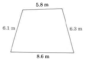 Un polígono de cuatro lados con lados de la siguiente longitud: 6.1m, 8.6m, 6.3m y 5.8m.