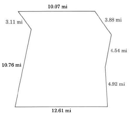 A seven-sided polygon with sides of the following lengths: 10.07mi, 3.88mi, 4.54mi, 4.92mi, 12.61, 10.76mi, and 3.11mi.