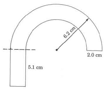 Un objeto en forma de caña de espesor uniforme, con una porción recta y una porción conformada en semicírculo. El grosor es de 2.0cm, la longitud de la porción recta es de 5.1cm y el radio de la porción de semicírculo es de 6.2cm.