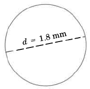 Un círculo con una línea a través del medio, que termina en los bordes del círculo. La línea está etiquetada, d = 1.8in.