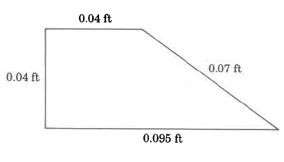 A four-sided polygon with left side length 0.04ft, bottom length 0.095ft, top length 0.04ft, and a diagonal that connects the top to the bottom that measures 0.07ft. It can be visualized as a square connected to a triangle..