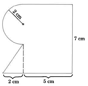 Una forma compuesta por un medio círculo de radio 2cm, un rectángulo con base 5cm y altura 7cm, y un triángulo con base 2cm y altura 3cm.