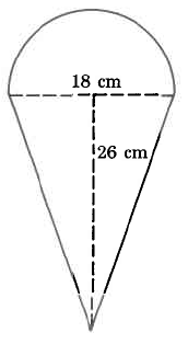 Un triángulo con un semicírculo en la parte superior, como un cono de helado. El diámetro del círculo es de 18 cm y la altura del triángulo es de 26 cm.