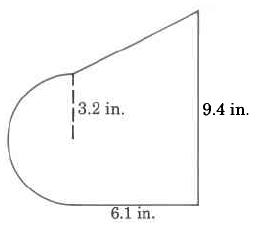 Un trapecio con un semicírculo unido a una base. El radio del semicírculo es 3.2in. La otra base es 9.4in. La altura del trapecio es de 6.1in.