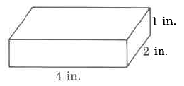 Un sólido rectangular con ancho 4 pulgadas, largo 2 pulgadas y alto 1 pulgadas.