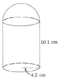 Un cilindro con media esfera en la parte superior. El radio del objeto es de 4.2cm y la altura del cilindro es de 10.1cm.