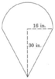 Un triángulo con un semicírculo en la parte superior, que se asemeja a un cono de helado. La altura del triángulo es de 30 pulgadas y el radio del círculo es de 16 pulgadas.