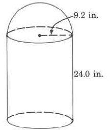 A cylinder with a half-sphere on top. The object's radius is 9.2in, and the height of the cylinder is 24.0in.