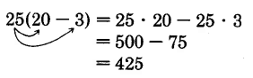 25 veces la cantidad 20 menos 3. Las flechas apuntan desde el 20 hasta tanto el 20 como el 3. Esto es igual a 25 veces 20 menos 25 veces 3. Esto es igual a 500 menos 76, que es igual a 425.