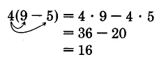 4 veces la cantidad 9 menos 5. Las flechas apuntan desde el 4 hasta tanto el 9 como el 5. Esto es igual a 4 veces 9 menos 4 veces 5. Esto es igual a 36 menos 20, que es igual a 16.