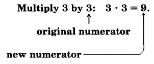 Multiplicar 3 por 3:3 veces 3 es igual a 9. 3 es el numerador original. 9 es el nuevo numerador.