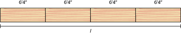 La imagen muestra 4 tablones de madera colocados de extremo a extremo horizontalmente. Cada tabla está etiquetada 6 pies 4 pulgadas. Una línea inicia a la izquierda de la primera tabla y discurre horizontalmente a la derecha de la cuarta tabla. La línea está etiquetada con la letra l para representar la longitud.