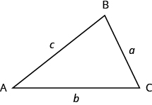 Los vértices del triángulo de la izquierda están etiquetados A, B y C. Los lados están etiquetados como a, b y c.