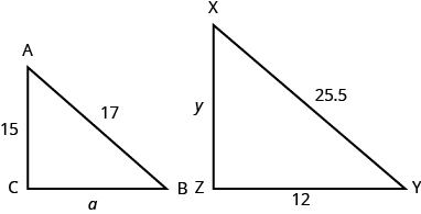 pythagorean theorem assignment calculate the measure of x in each Two triangles are shown. They appear to be the same shape, but the triangle on the right is larger The vertices of the triangle on the left are labeled A, B, and C. The side across from A is labeled a, the side across from B is labeled 15, and the side across from C is labeled 17. The vertices of the triangle on the right are labeled X, Y, and Z. The side across from X is labeled 12, the side across from Y is labeled y, and the side across from Z is labeled 25.5.