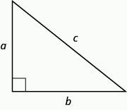 Se muestra un triángulo rectángulo. El ángulo recto está marcado con una caja. Al otro lado de la caja está el lado c. Los lados que tocan el ángulo recto están marcados a y b.