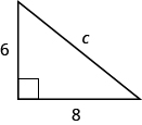 Se muestra un triángulo rectángulo. El ángulo recto está marcado con una caja. Al otro lado de la caja está el lado c. Los lados que tocan el ángulo recto están marcados con el 6 y el 8.