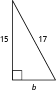 Se muestra un triángulo rectángulo. El ángulo recto está marcado con una caja. El lado al otro lado desde el ángulo recto está etiquetado como 17. Uno de los lados que toca el ángulo recto está etiquetado como 15, el otro está etiquetado como “b”.