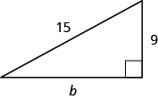 Se muestra un triángulo rectángulo. El ángulo recto está marcado con una caja. El lado que cruza desde el ángulo recto está etiquetado como 15. Uno de los lados que toca el ángulo recto está etiquetado como 9, el otro está etiquetado como “b”.