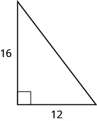 Se muestra un triángulo rectángulo. El ángulo recto está marcado con una caja. Uno de los lados que toca el ángulo recto está etiquetado como 16, el otro como 12.