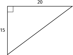 Se muestra un triángulo rectángulo. El ángulo recto está marcado con una caja. Uno de los lados que toca el ángulo recto está etiquetado como 15, el otro como 20.